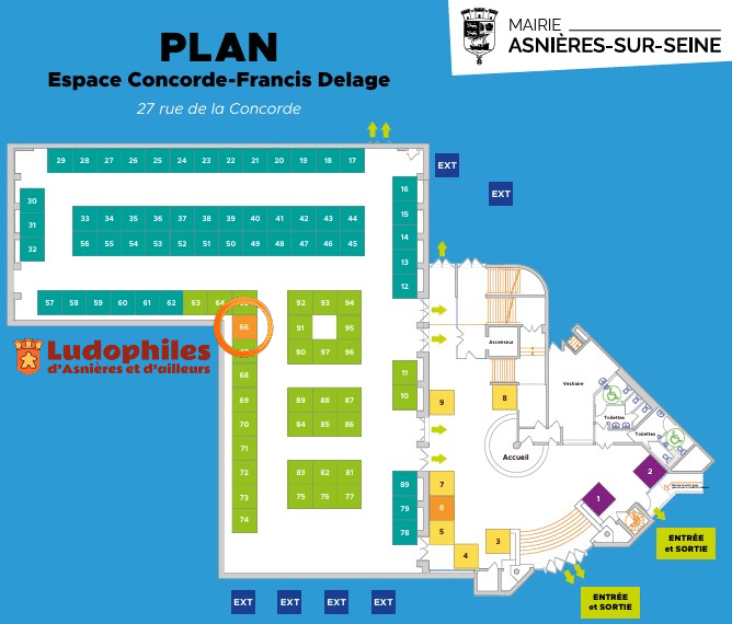 Plan du forum de associations d'Asnières-sur-Seine 2025 - Stand des Ludophiles et d'Asnières Numéro 66